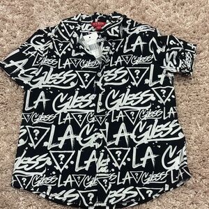 Boys GUESS Black & White LA Logo Button-Up Shirt